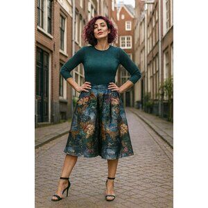 Truly 4 you Floral Brocade A-Line Midi Skirt With Hidden Back Zipper